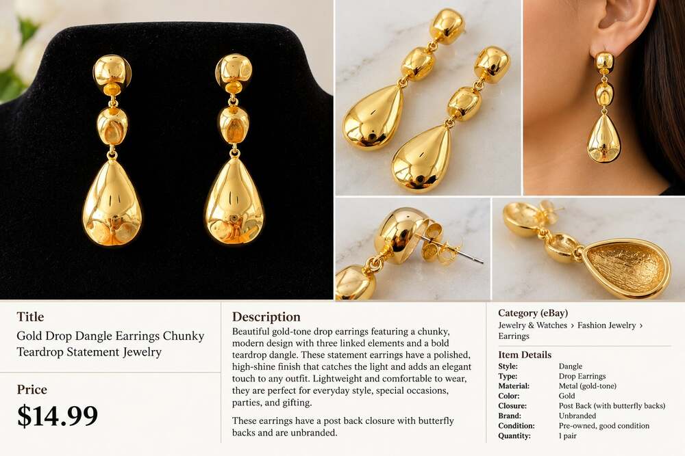 Gold Tone Triple Drop Dangle Earrings Teardrop Statement Fashion Jewelry